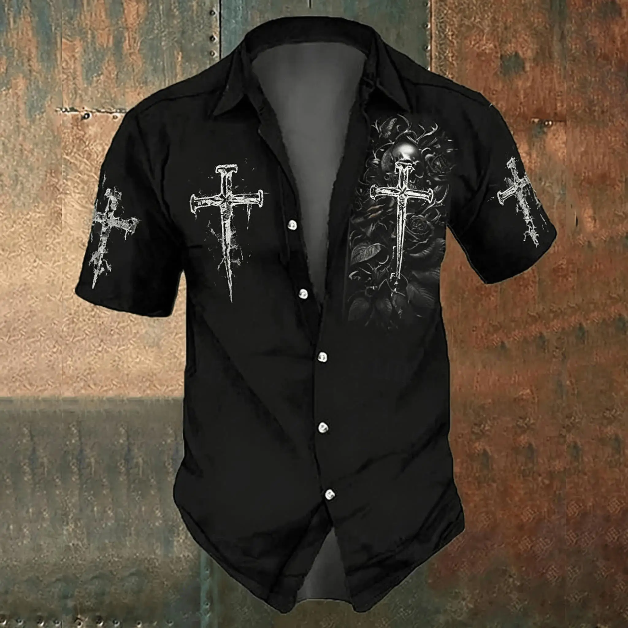 Men'S Gothic Formal Wear - Camicia casual da uomo nera con